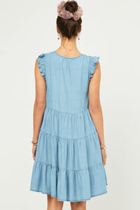 HY5607 LIGHT_DENIM Womens Ruffle Button Down Tiered Dress Back