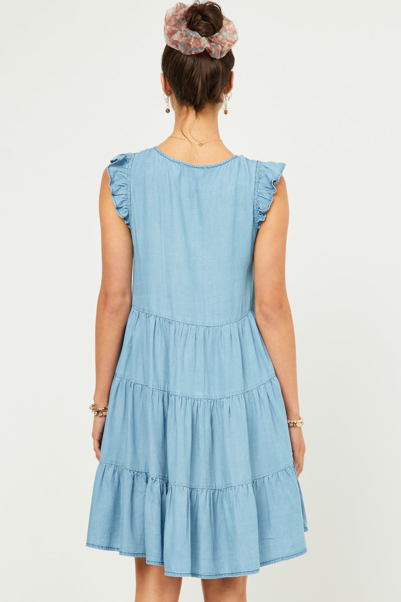 HY5607 LIGHT_DENIM Womens Ruffle Button Down Tiered Dress Back