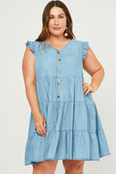HY5607 LIGHT_DENIM Womens Ruffle Button Down Tiered Dress Front