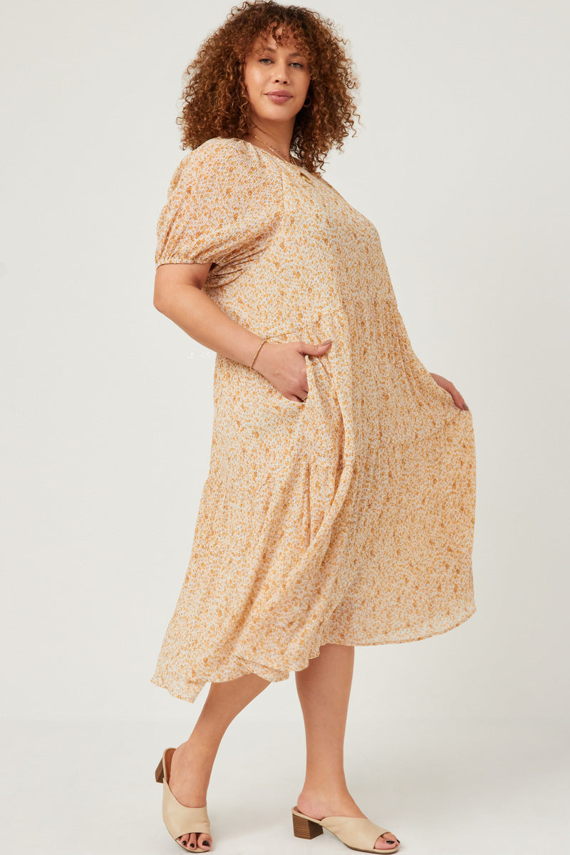 Ditsy Floral Crinkled Puff Sleeve Tiered Dress