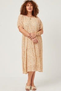 HY5623 Yellow Womens Ditsy Floral Crinkled Puff Sleeve Tiered Dress Back