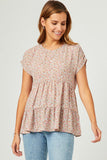 HY5653W Taupe Plus Ditsy Floral Cuffed Tiered Baby Doll Top Gif
