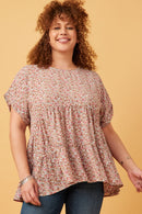 HY5653 Taupe Womens Ditsy Floral Cuffed Tiered Baby Doll Top Front