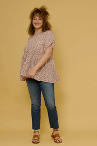 HY5653W Taupe Plus Ditsy Floral Cuffed Tiered Baby Doll Top Full Body