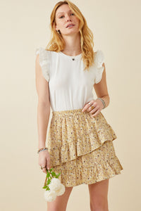 HY5664W Yellow Plus Floral Printed Asymmetric Ruffle Skirt Full Body 2