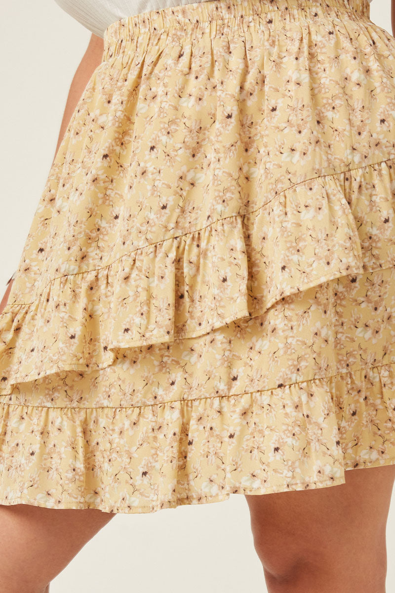 HY5664 YELLOW Womens Floral Printed Asymmetric Ruffle Skirt