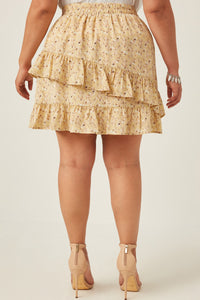 HY5664 YELLOW Womens Floral Printed Asymmetric Ruffle Skirt