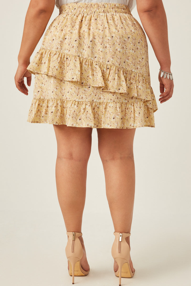 HY5664 YELLOW Womens Floral Printed Asymmetric Ruffle Skirt