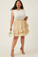 HY5664 YELLOW Womens Floral Printed Asymmetric Ruffle Skirt