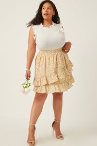 HY5664 YELLOW Womens Floral Printed Asymmetric Ruffle Skirt