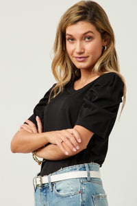 HY5675 Mauve Womens Ribbed Pleated Shoulder Puff Sleeve Top Side Full Body