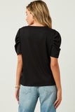 HY5675W Mauve Plus Ribbed Pleated Shoulder Puff Sleeve Top Side