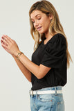 HY5675 Black Womens Ribbed Pleated Shoulder Puff Sleeve Top Front
