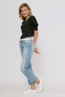 HY5675W Mauve Plus Ribbed Pleated Shoulder Puff Sleeve Top Full Body