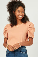 HY5675 Black Womens Ribbed Pleated Shoulder Puff Sleeve Top Alternate Gif