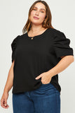 Ribbed Pleated Shoulder Puff Sleeve Top