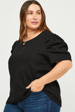 HY5675 Mauve Womens Ribbed Pleated Shoulder Puff Sleeve Top Side Full Body