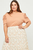 HY5675 Black Womens Ribbed Pleated Shoulder Puff Sleeve Top Front