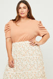 HY5675 Black Womens Ribbed Pleated Shoulder Puff Sleeve Top Alternate Angle