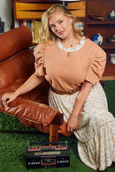 HY5675W Black Plus Ribbed Pleated Shoulder Puff Sleeve Top Front