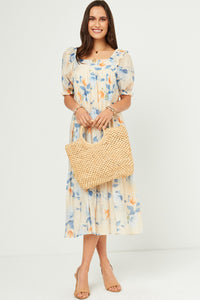 HY5676 Ivory Womens Watercolor Floral Square Neck Ruffled Shoulder Dress Pose