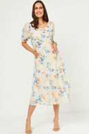 HY5676W Ivory Plus Watercolor Floral Square Neck Ruffled Shoulder Dress Full Body