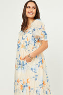 HY5676W Ivory Plus Watercolor Floral Square Neck Ruffled Shoulder Dress Gif