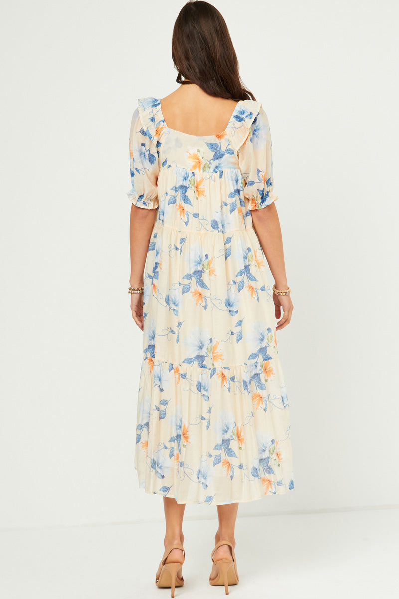 HY5676W Ivory Plus Watercolor Floral Square Neck Ruffled Shoulder Dress Front