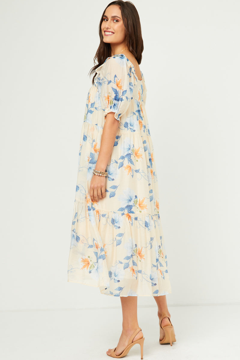 HY5676W Ivory Plus Watercolor Floral Square Neck Ruffled Shoulder Dress Detail