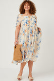 Watercolor Floral Square Neck Ruffled Shoulder Dress