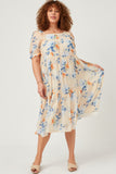 HY5676W Ivory Plus Watercolor Floral Square Neck Ruffled Shoulder Dress Full Body