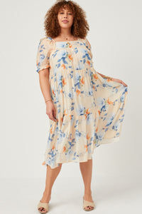 HY5676W Ivory Plus Watercolor Floral Square Neck Ruffled Shoulder Dress Full Body