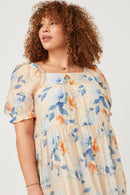 HY5676 Ivory Womens Watercolor Floral Square Neck Ruffled Shoulder Dress Full Body