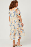 HY5676 Ivory Womens Watercolor Floral Square Neck Ruffled Shoulder Dress Front