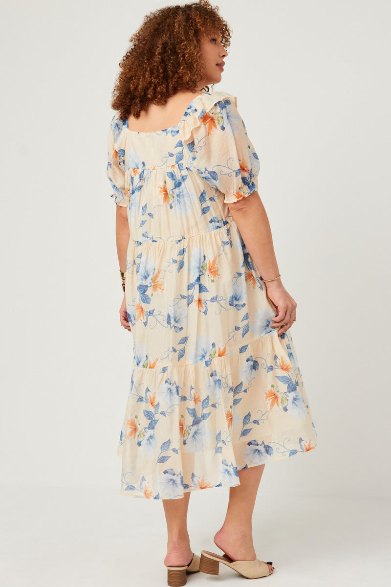 HY5676 Ivory Womens Watercolor Floral Square Neck Ruffled Shoulder Dress Front