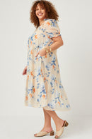 HY5676 Ivory Womens Watercolor Floral Square Neck Ruffled Shoulder Dress Back