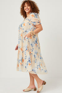 HY5676 Ivory Womens Watercolor Floral Square Neck Ruffled Shoulder Dress Back