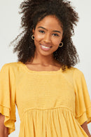 HY5695W Yellow Plus Swiss Dot Ruffled Neck Flutter Sleeve Raglan Peplum Front