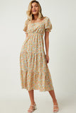 HY5703 Pink Womens Floral Print Smocked Back Square Neck Puff Sleeve Dress Full Body