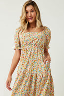 HY5703 Pink Womens Floral Print Smocked Back Square Neck Puff Sleeve Dress Pose