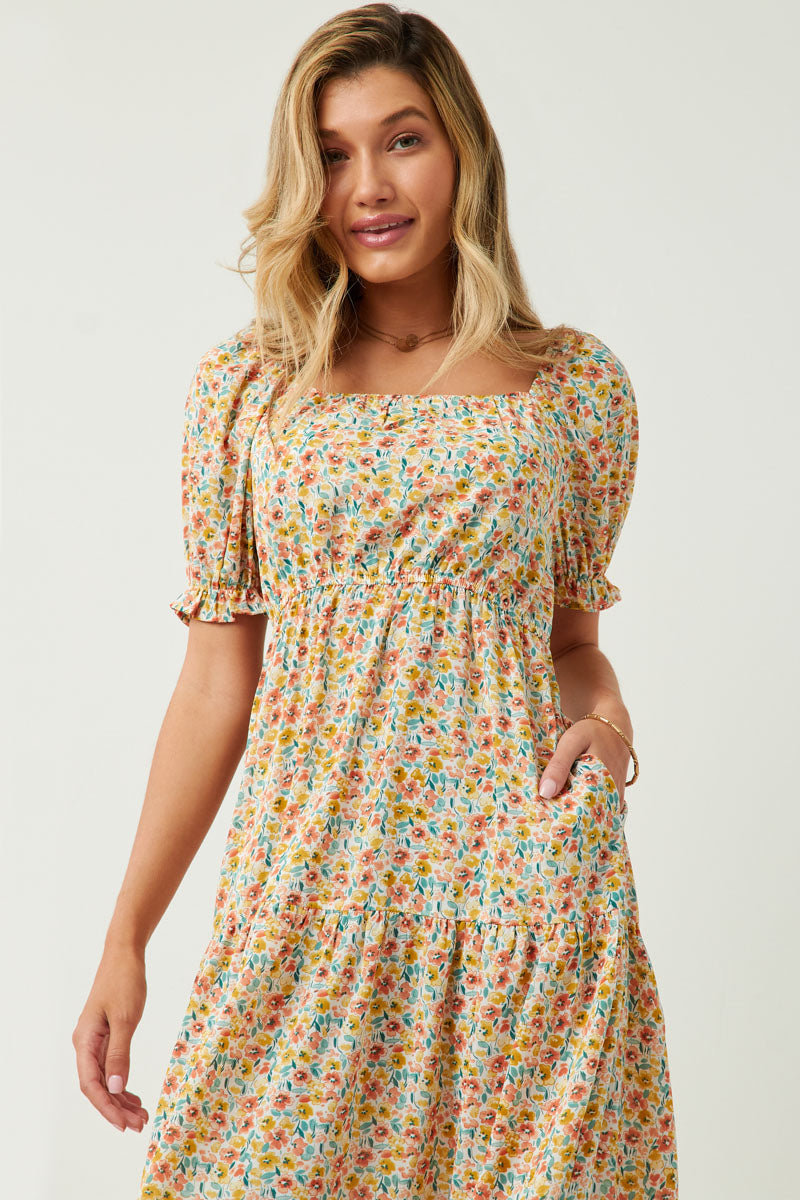 HY5703 Pink Womens Floral Print Smocked Back Square Neck Puff Sleeve Dress Pose