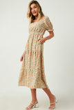 HY5703W Pink Plus Floral Print Smocked Back Square Neck Puff Sleeve Dress Full Body
