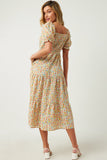 HY5703W Pink Plus Floral Print Smocked Back Square Neck Puff Sleeve Dress Gif