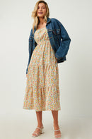 HY5703W Pink Plus Floral Print Smocked Back Square Neck Puff Sleeve Dress Front