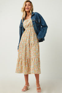 HY5703W Pink Plus Floral Print Smocked Back Square Neck Puff Sleeve Dress Front