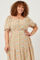 HY5703W Pink Plus Floral Print Smocked Back Square Neck Puff Sleeve Dress Full Body