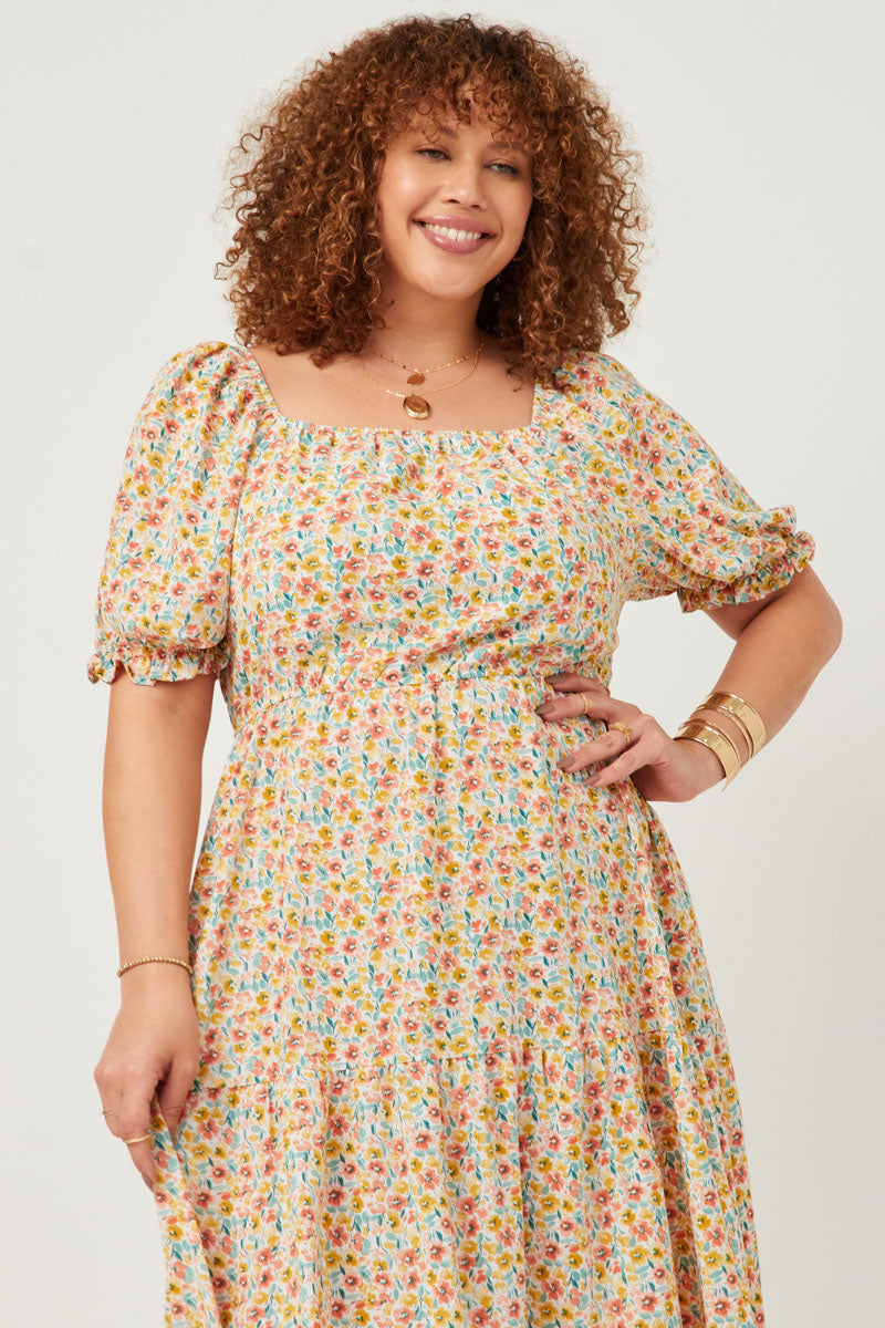 Floral Print Smocked Back Square Neck Puff Sleeve Dress