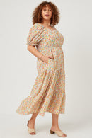 HY5703 Pink Womens Floral Print Smocked Back Square Neck Puff Sleeve Dress Front