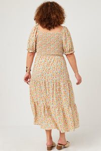 HY5703 Pink Womens Floral Print Smocked Back Square Neck Puff Sleeve Dress Side