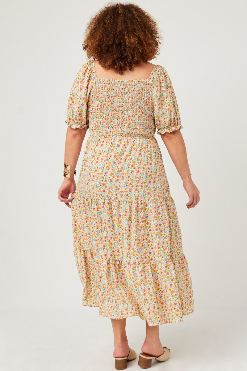 HY5703 Pink Womens Floral Print Smocked Back Square Neck Puff Sleeve Dress Side